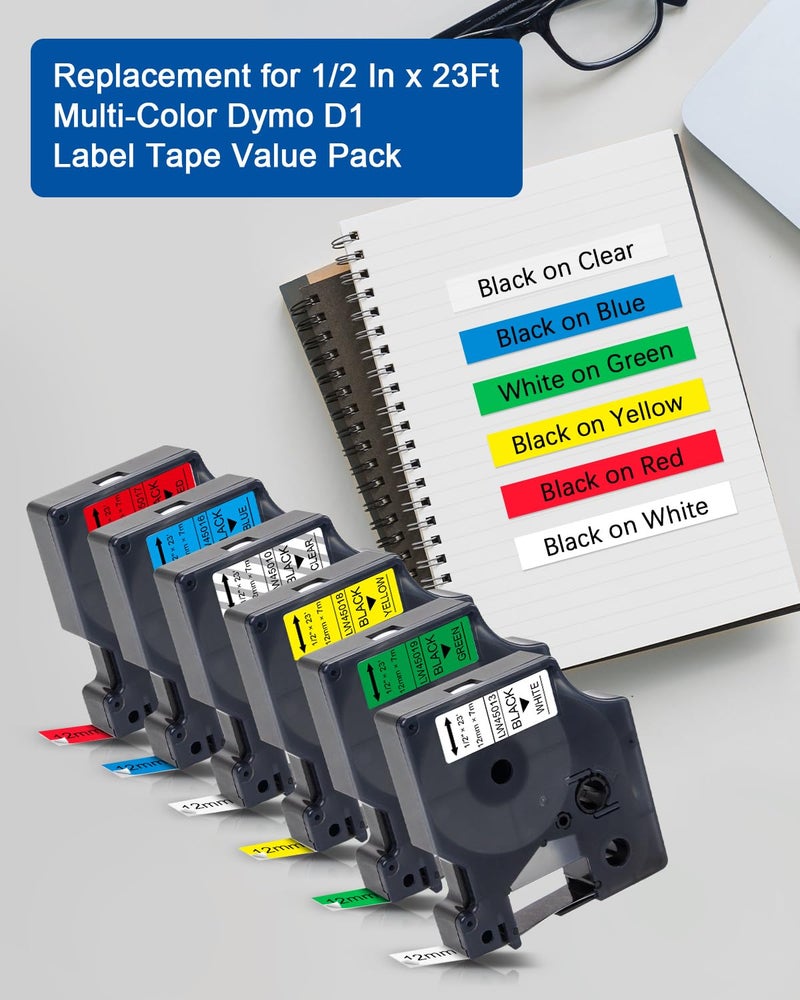Labelwell 6-Pack Replacement For Dymo D1 Label Tape 45013 45010 45016 45017 45018 45019 Color 1/2    Refills For Labelmanager 160 280 210D 360D 420P 450D 450P 450Duo, Clear/White/Blue/Red/Yellow/Green - Image 2